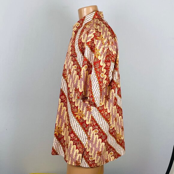 Vtg Keris Fashion Batik Print Shirt Sz 3XL Red Yellow Floral Boho Artsy Tropical - Picture 5 of 6